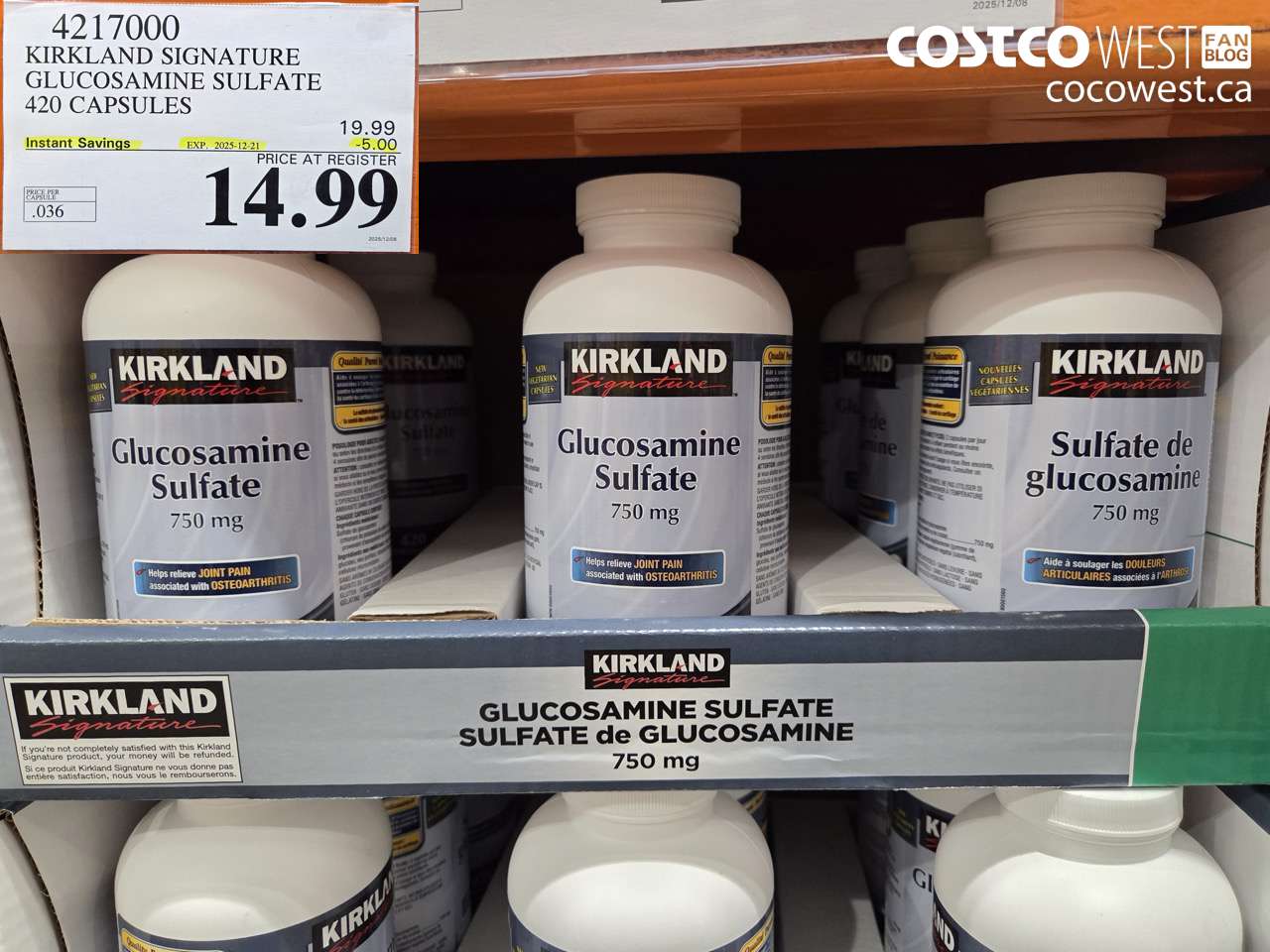 4217000 KIRKLAND SIGNATURE GLUCOSAMINE SULFATE 420 CAPSULES ($5.00 INSTANT SAVINGS EXPIRES ON 2025-12-21) $14.99