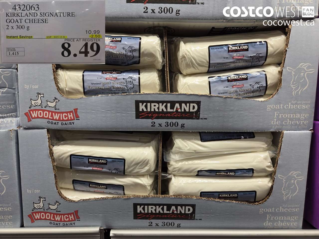 432063 KIRKLAND SIGNATURE GOAT CHEESE 2 x 300 g ($2.50 INSTANT SAVINGS EXPIRES ON 2025-12-21) $8.49