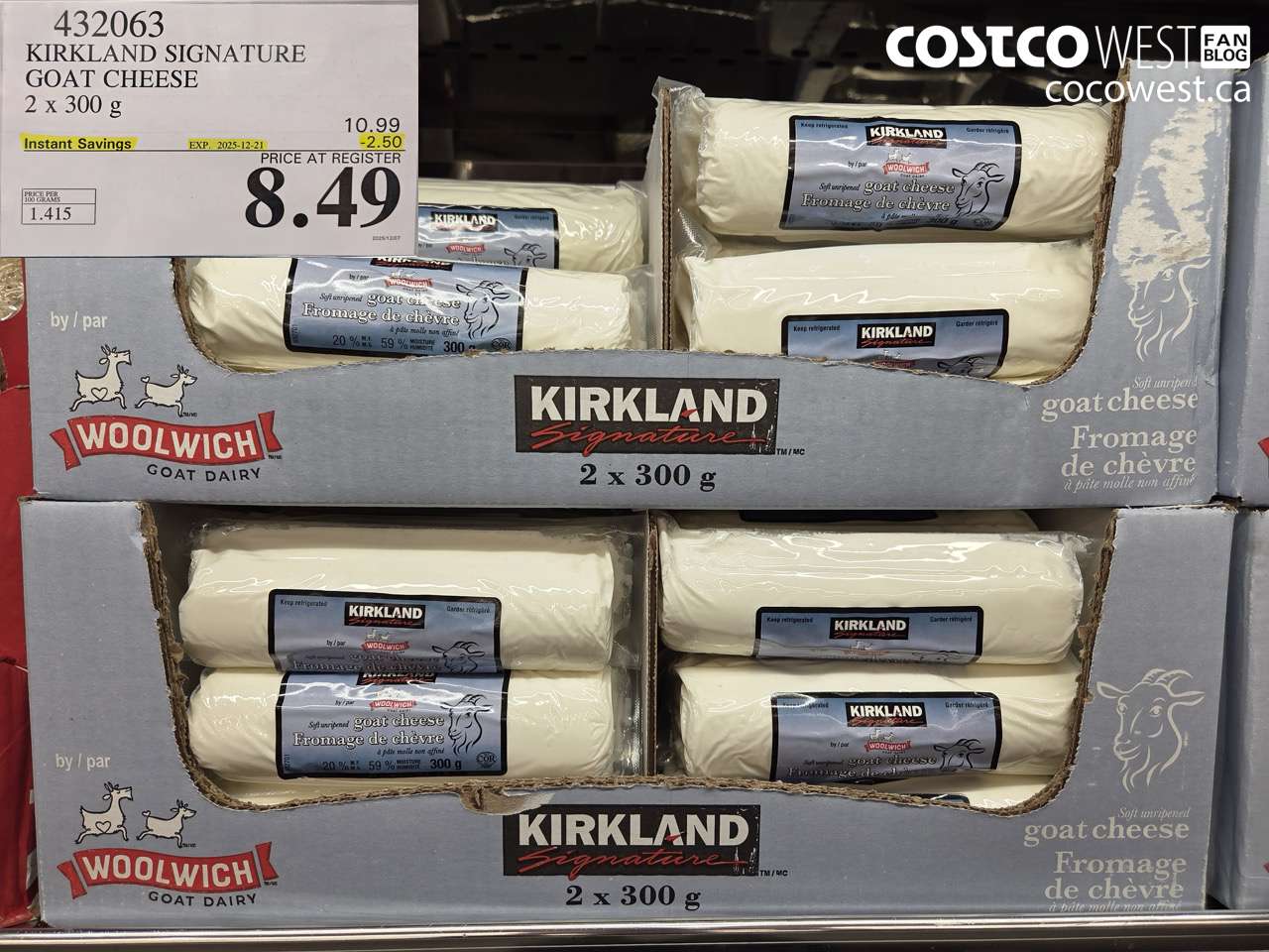 432063 KIRKLAND SIGNATURE GOAT CHEESE 2 x 300 g ($2.50 INSTANT SAVINGS EXPIRES ON 2025-12-21) $8.49