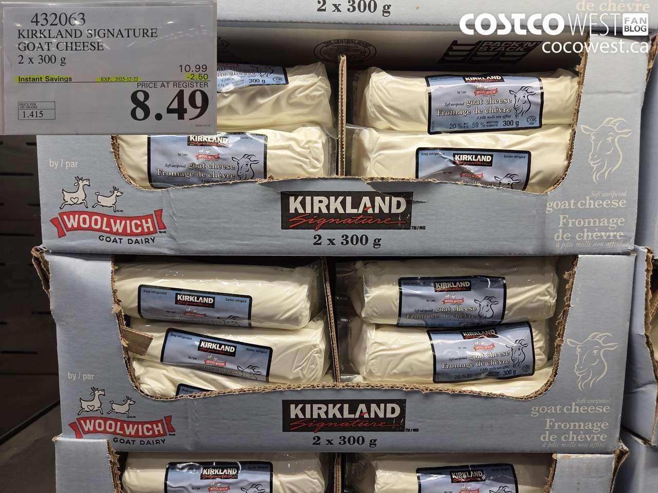 432063 KIRKLAND SIGNATURE GOAT CHEESE 2 x 300 g ($2.50 INSTANT SAVINGS EXPIRES ON 2025-12-22) $8.49