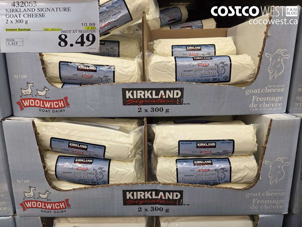 432063 KIRKLAND SIGNATURE GOAT CHEESE 2 x 300 g ($2.50 INSTANT SAVINGS EXPIRES ON 2025-12-22) $8.49