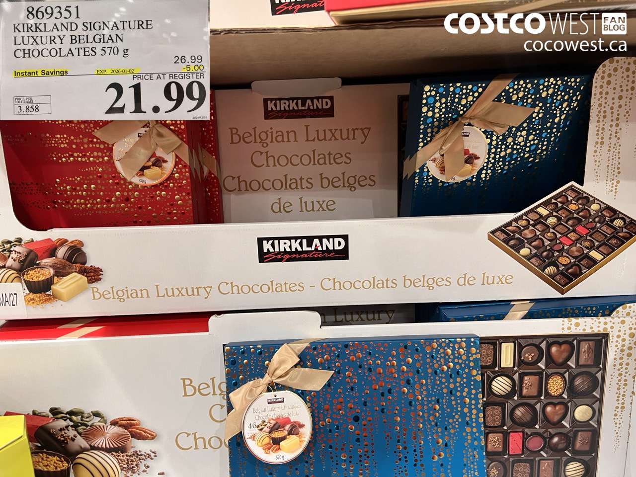 869351 KIRKLAND SIGNATURE LUXURY BELGIAN CHOCOLATES 570 g ($5.00 INSTANT SAVINGS EXPIRES ON 2026-01-02) $21.99