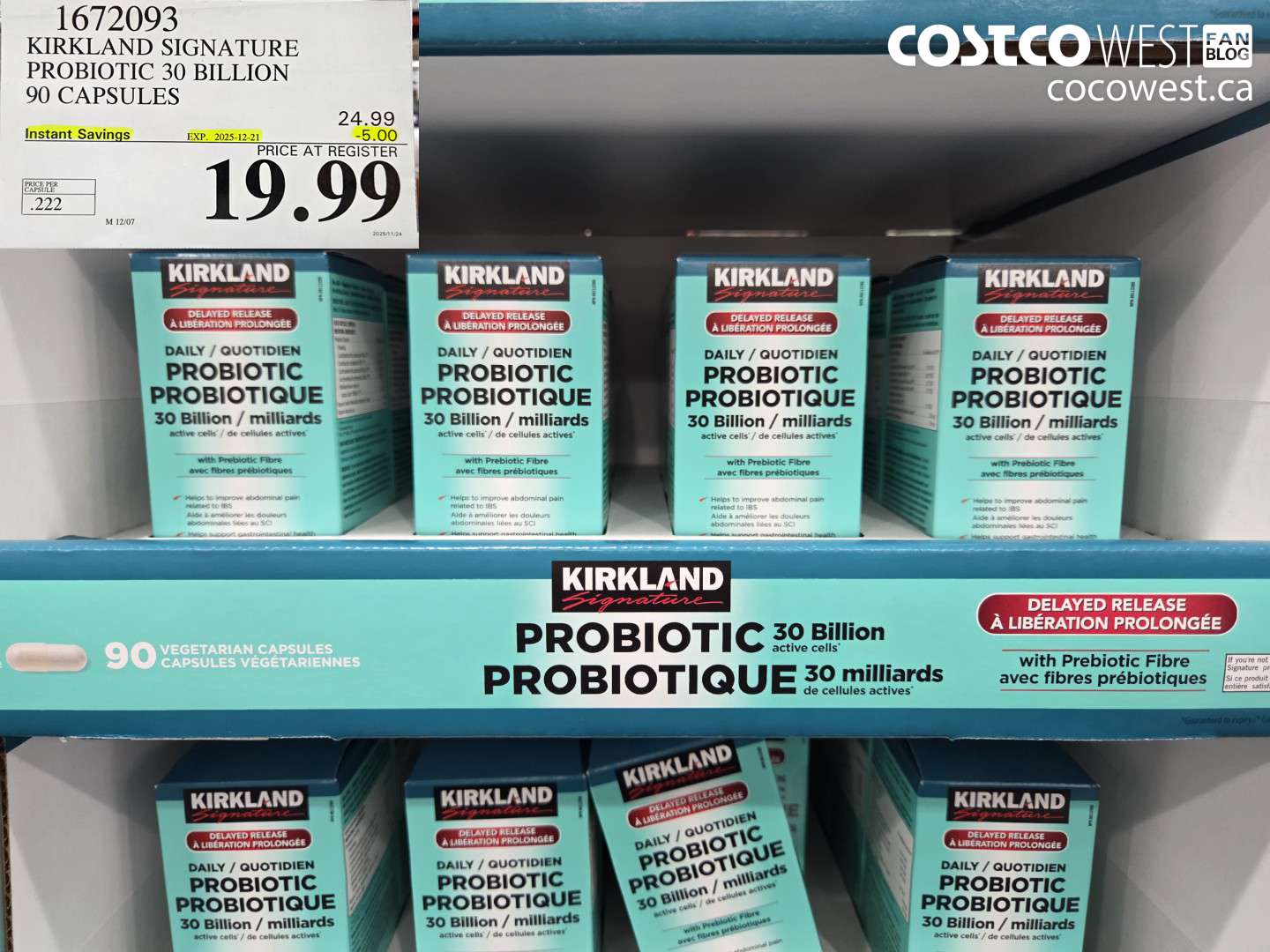 1672093 KIRKLAND SIGNATURE PROBIOTIC 30 BILLION 90 VEGETARIAN CAPSULES ($5.00 INSTANT SAVINGS EXPIRES ON 2025-12-21) $19.99