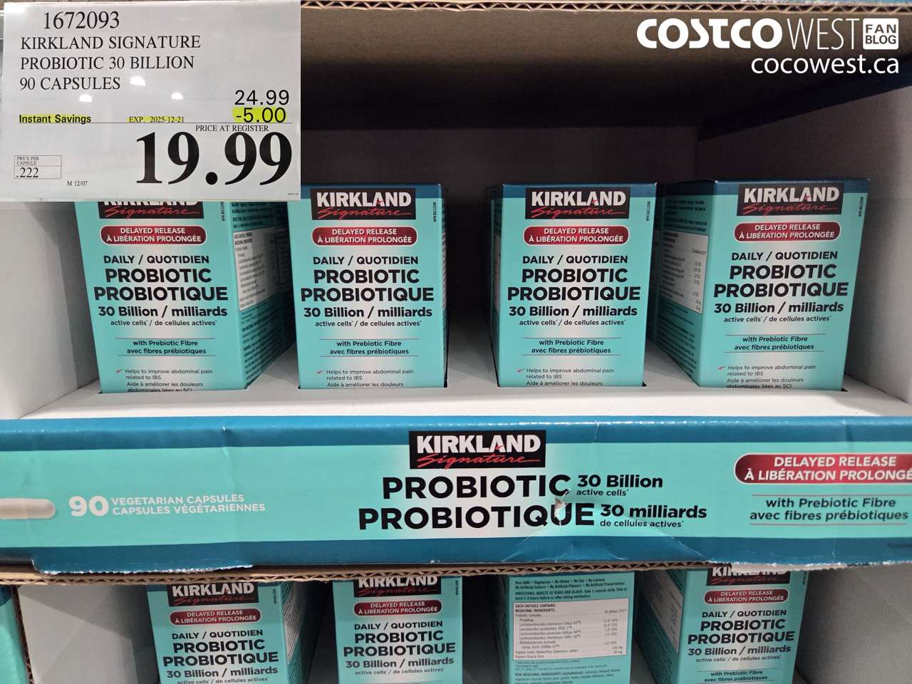 1672093 KIRKLAND SIGNATURE PROBIOTIC 30 BILLION 90 VEGETARIAN CAPSULES ($5.00 INSTANT SAVINGS EXPIRES ON 2025-12-21) $19.99