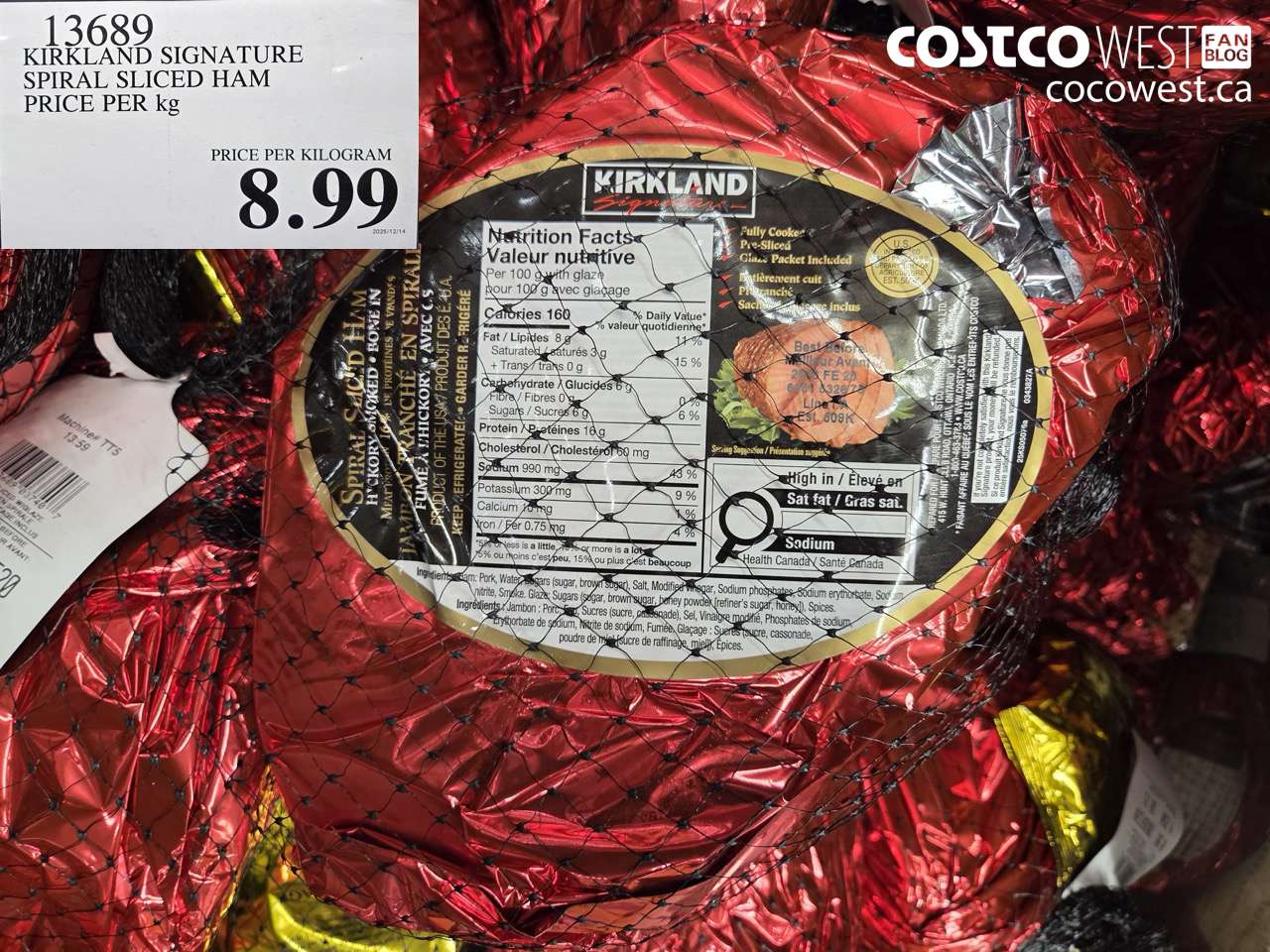 13689 KIRKLAND SIGNATURE SLICED SPIRAL HAM PRICE PER KG $8.99