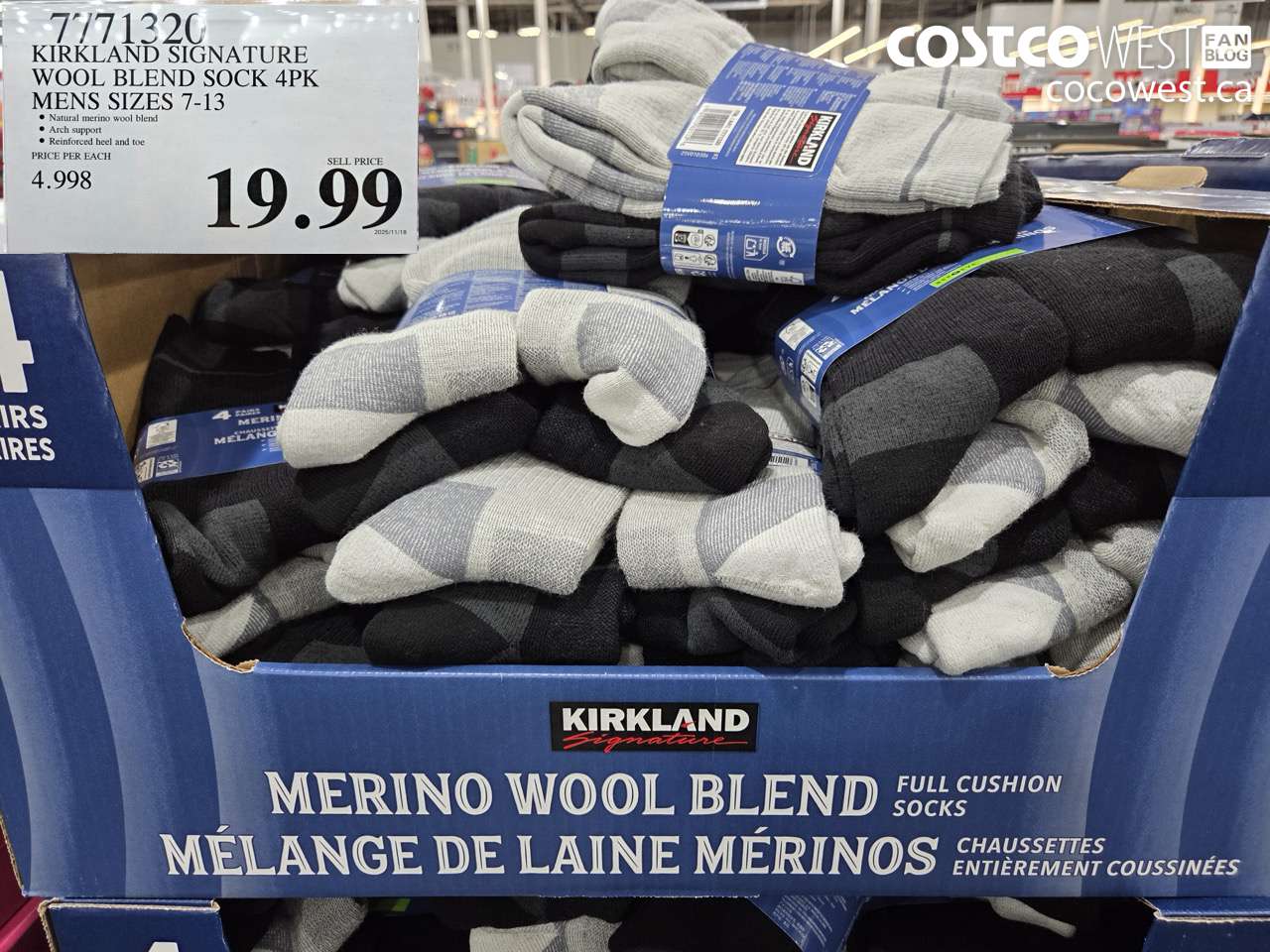 7771320 KIRKLAND SIGNATURE WOOL BLEND SOCK 4PK MENS SIZES 7-13 $19.99