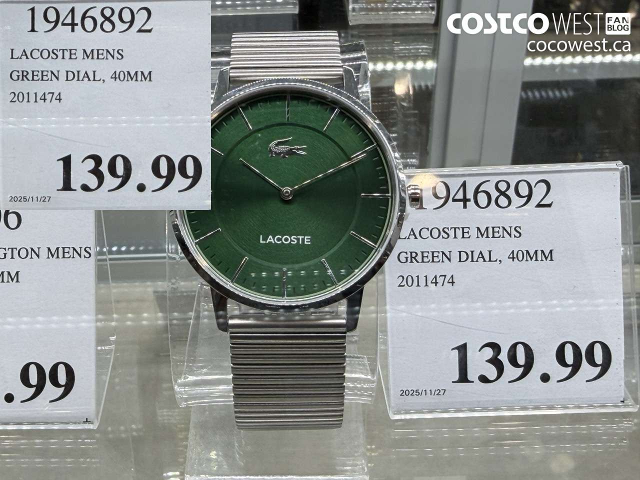1946892 LACOSTE MENS GREEN DIAL 40MM 2011474 $139.99