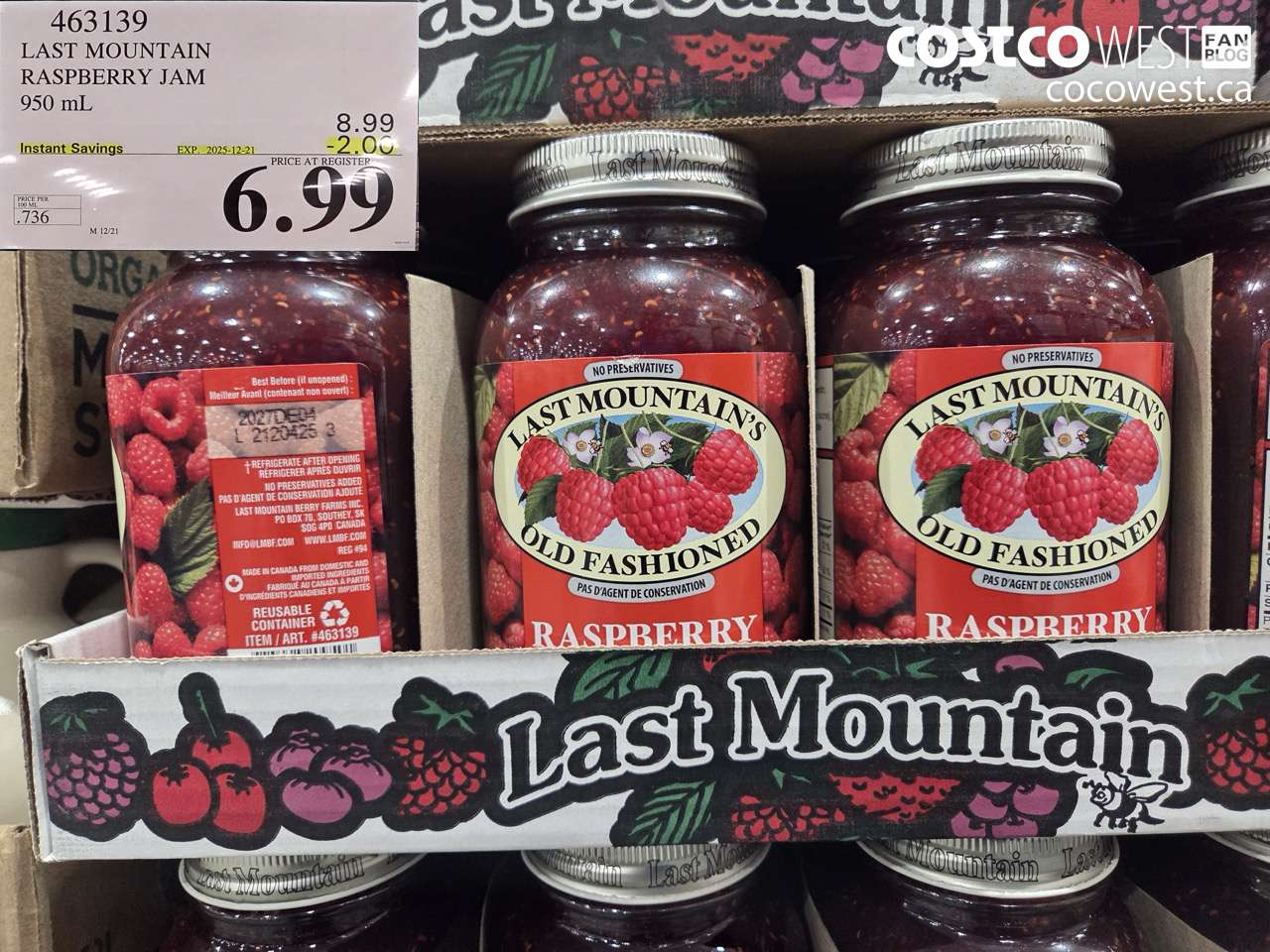 463139 LAST MOUNTAIN RASPBERRY JAM 950 mL ($2.00 INSTANT SAVINGS EXPIRES ON 2025-12-21) $6.99