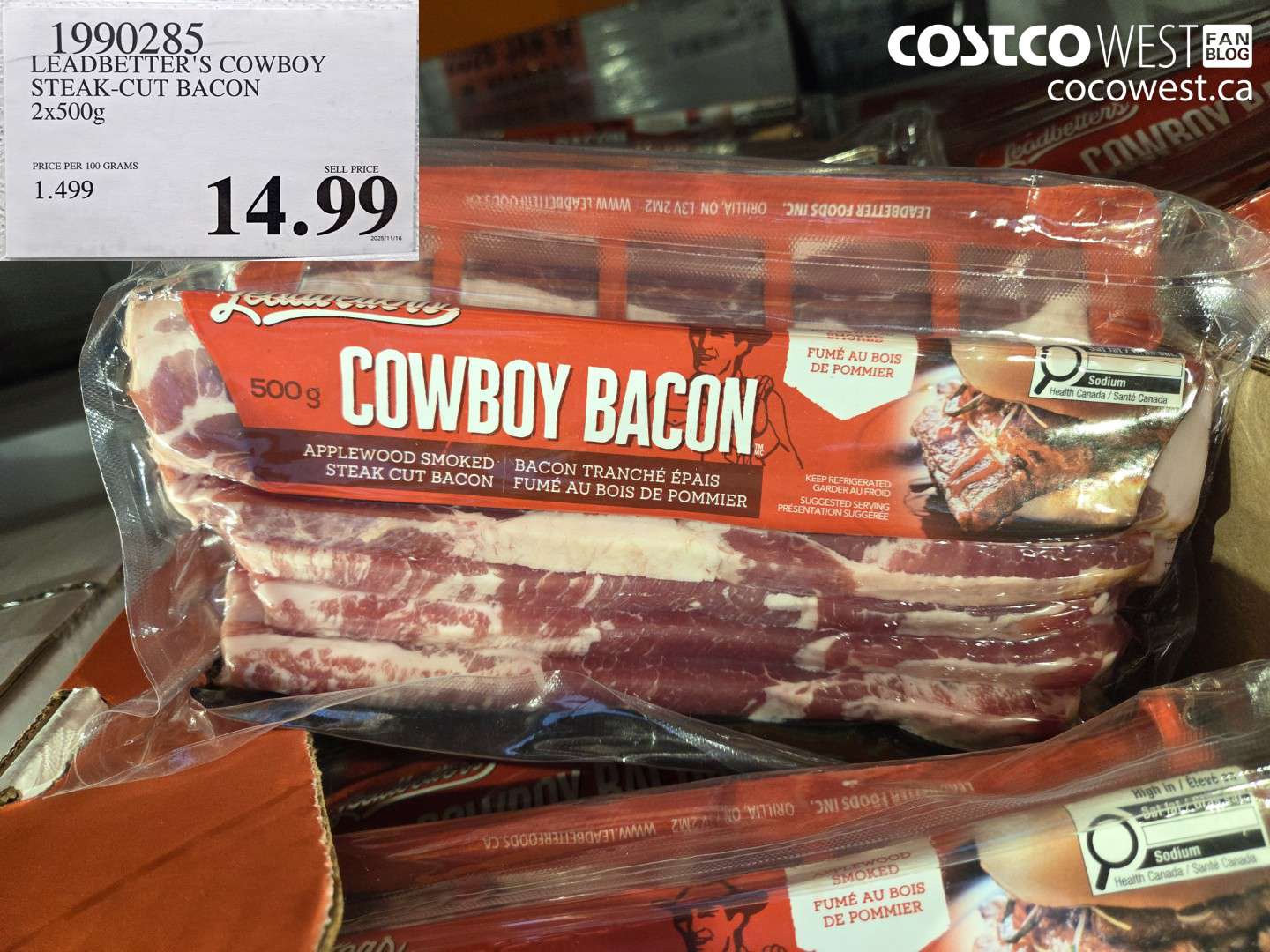 1990285 LEADBETTER'S COWBOY STEAK-CUT BACON 2 x 500 g $14.99