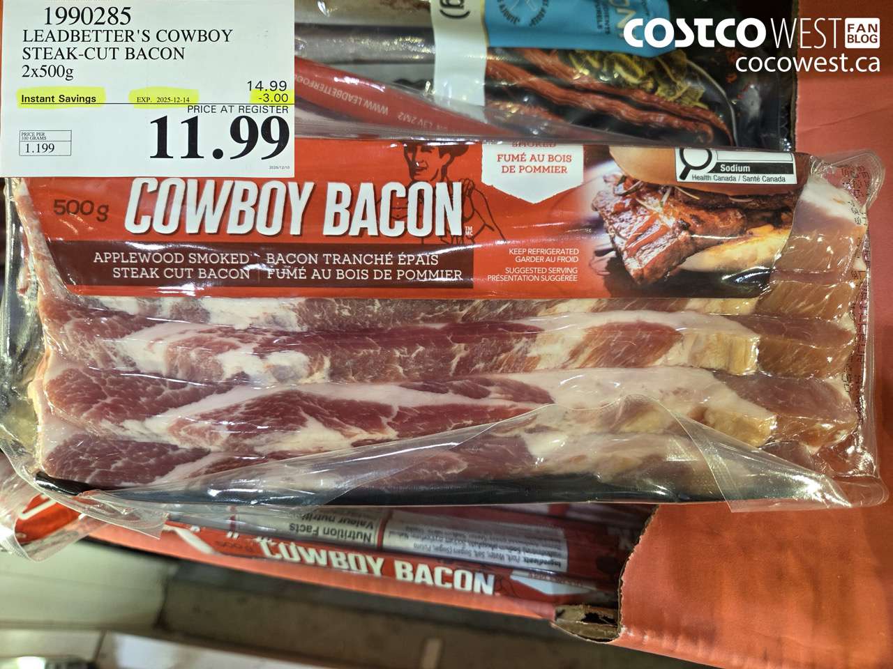 1990285 LEADBETTER'S COWBOY STEAK-CUT BACON 2 x 500 g ($3.00 INSTANT SAVINGS EXPIRES ON 2025-12-14) $11.99