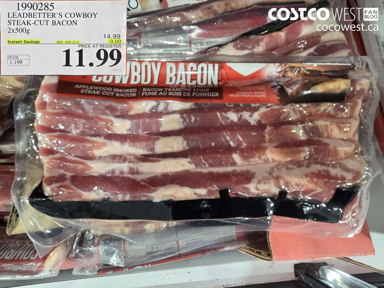 1990285 LEADBETTER'S COWBOY STEAK-CUT BACON 2 x 500 g ($3.00 INSTANT SAVINGS EXPIRES ON 2025-12-21) $11.99
