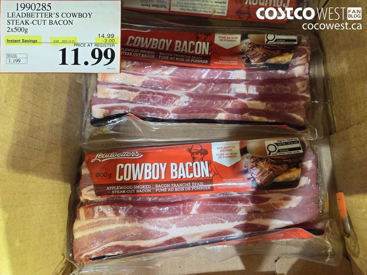 1990285 LEADBETTER'S COWBOY STEAK-CUT BACON 2 x 500 g ($3.00 INSTANT SAVINGS EXPIRES ON 2025-12-21) $11.99