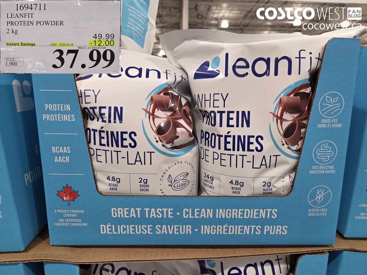 1694711 LEANFIT NATURALS WHEY PROTEIN CHOCOLATE 2 KG ($12.00 INSTANT SAVINGS EXPIRES ON 2026-01-18) $37.99