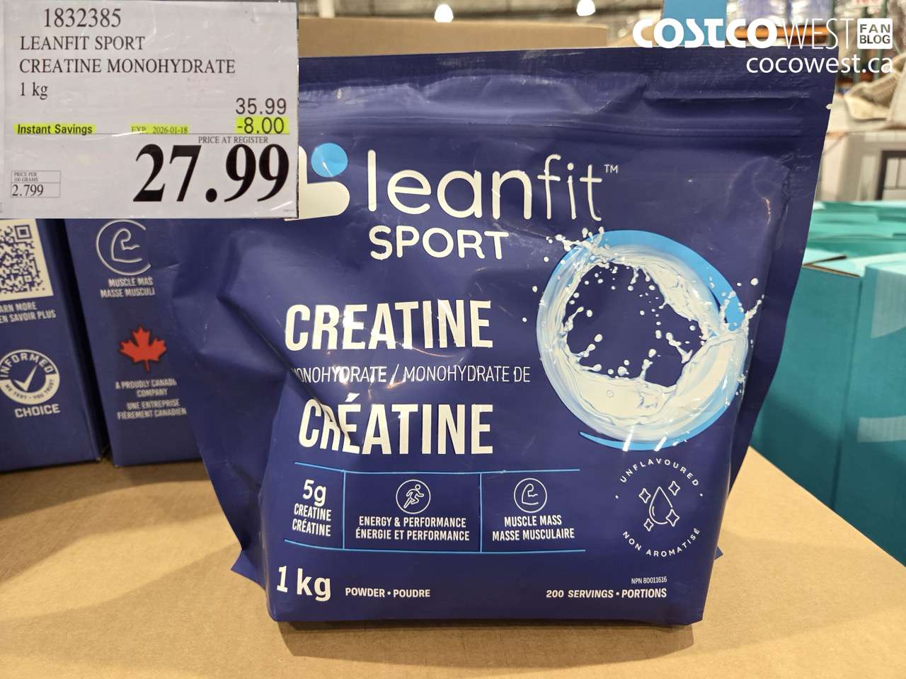 1832385 LEANFIT SPORT CREATINE MONOHYDRATE 1 kg ($8.00 INSTANT SAVINGS EXPIRES ON 2026-01-18) $27.99