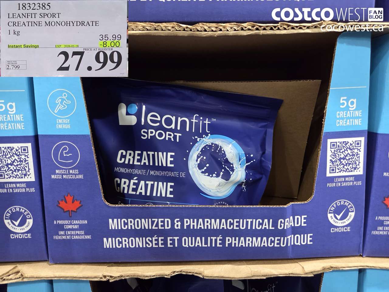 1832385 LEANFIT SPORT CREATINE MONOHYDRATE 1 kg ($8.00 INSTANT SAVINGS EXPIRES ON 2026-01-18) $27.99