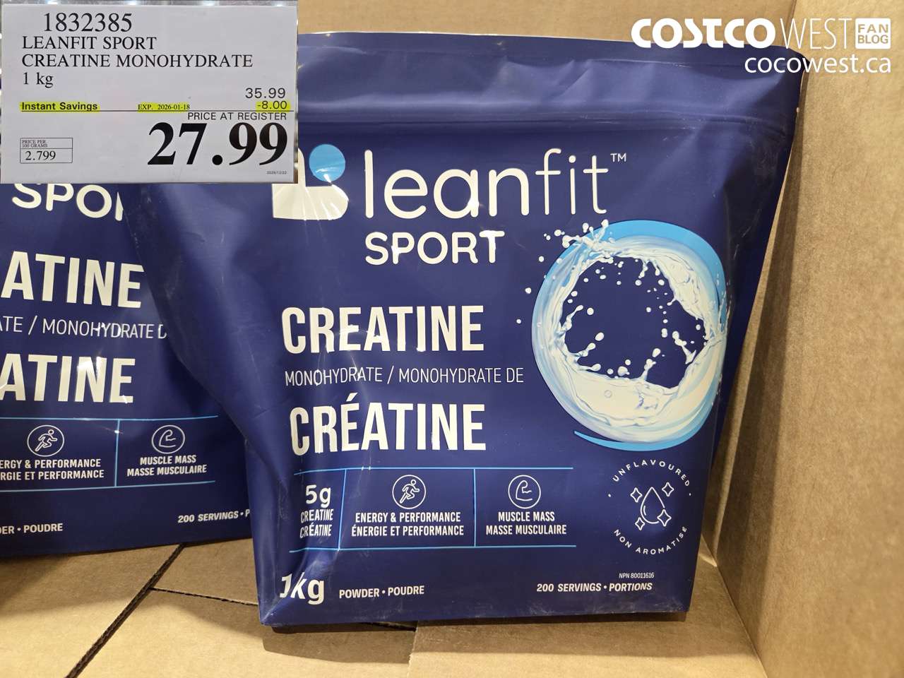 1832385 LEANFIT SPORT CREATINE MONOHYDRATE 1 kg ($8.00 INSTANT SAVINGS EXPIRES ON 2026-01-18) $27.99