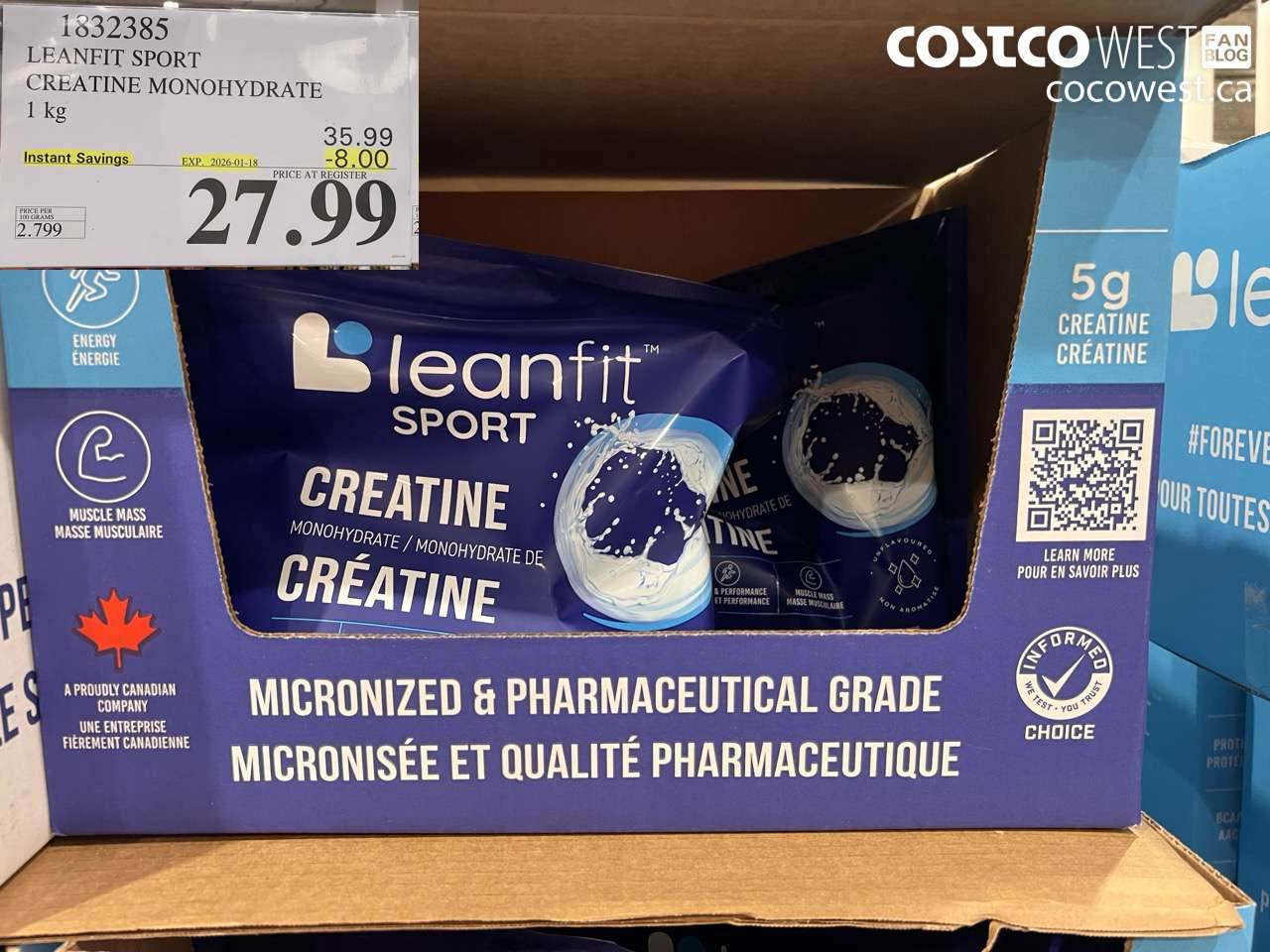 1832385 LEANFIT SPORT CREATINE MONOHYDRATE 1 kg ($8.00 INSTANT SAVINGS EXPIRES ON 2026-01-18) $27.99