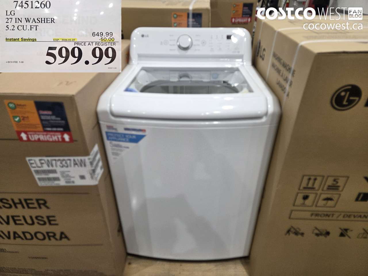 7451260 LG 27IN WASHER 5.2 CUFT ($50.00 INSTANT SAVINGS EXPIRES ON 2026-01-07) $599.99