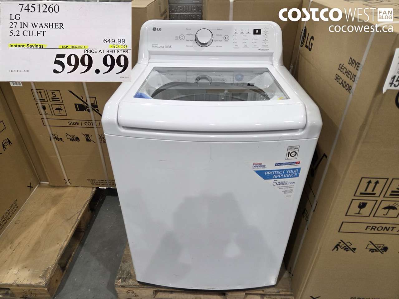 7451260 LG 27IN WASHER 5.2 CUFT ($50.00 INSTANT SAVINGS EXPIRES ON 2026-01-01) $599.99