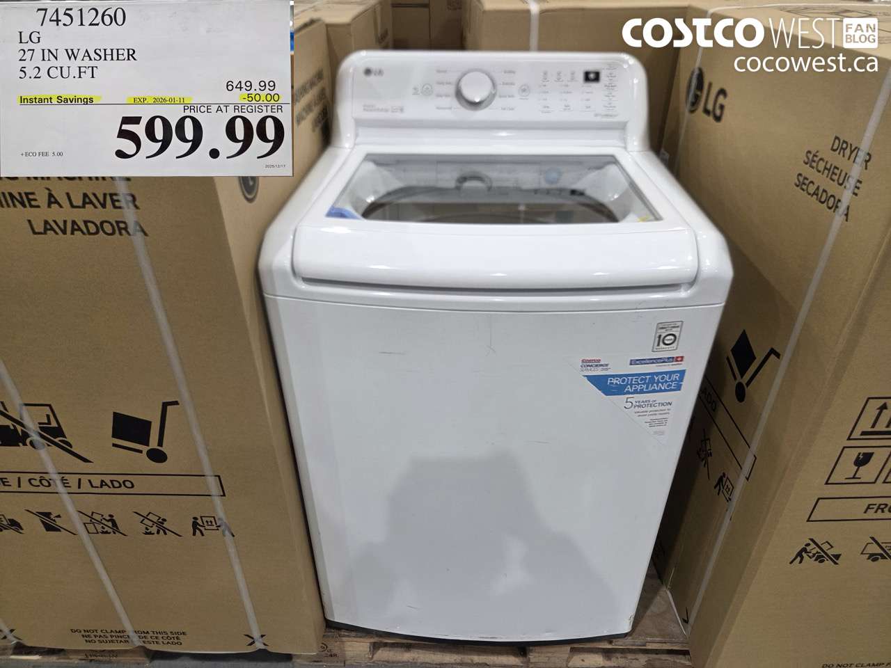 7451260 LG 27IN WASHER 5.2 CUFT ($50.00 INSTANT SAVINGS EXPIRES ON 2026-01-11) $599.99