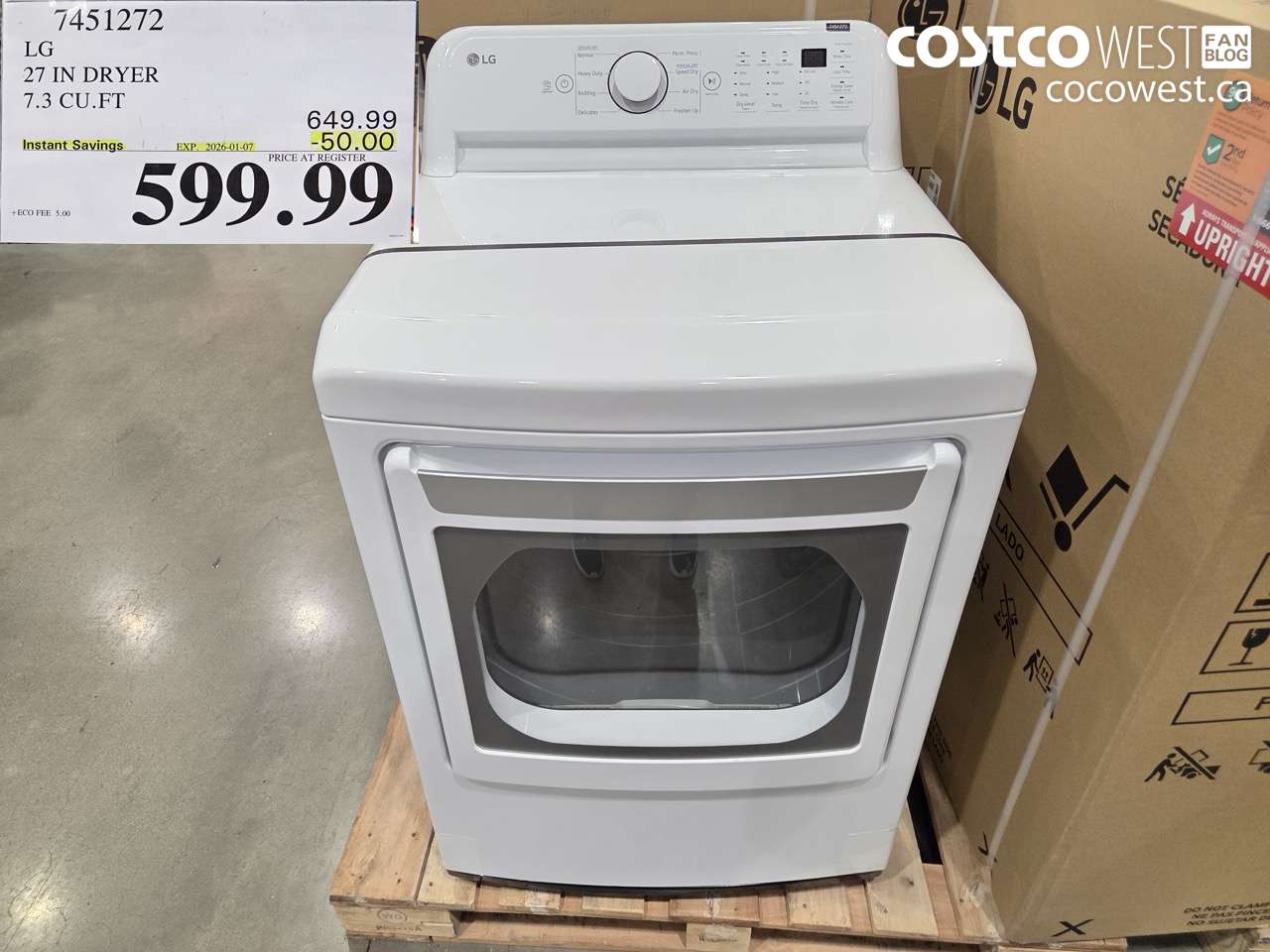 7451272 LG 27 IN DRYER 7.3 CU FT ($50.00 INSTANT SAVINGS EXPIRES ON 2026-01-07) $599.99