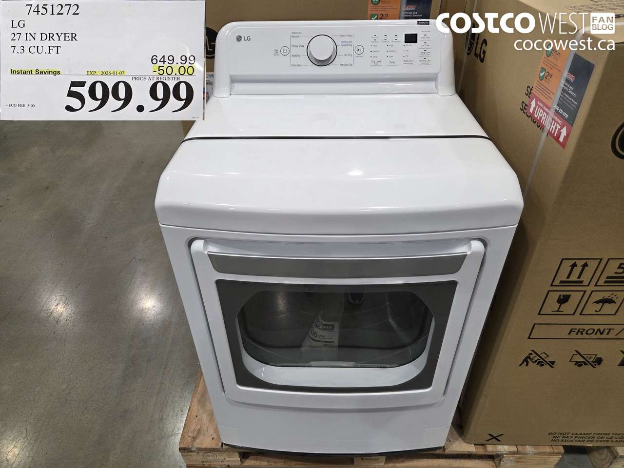 7451272 LG 27 IN DRYER 7.3 CU FT ($50.00 INSTANT SAVINGS EXPIRES ON 2026-01-07) $599.99