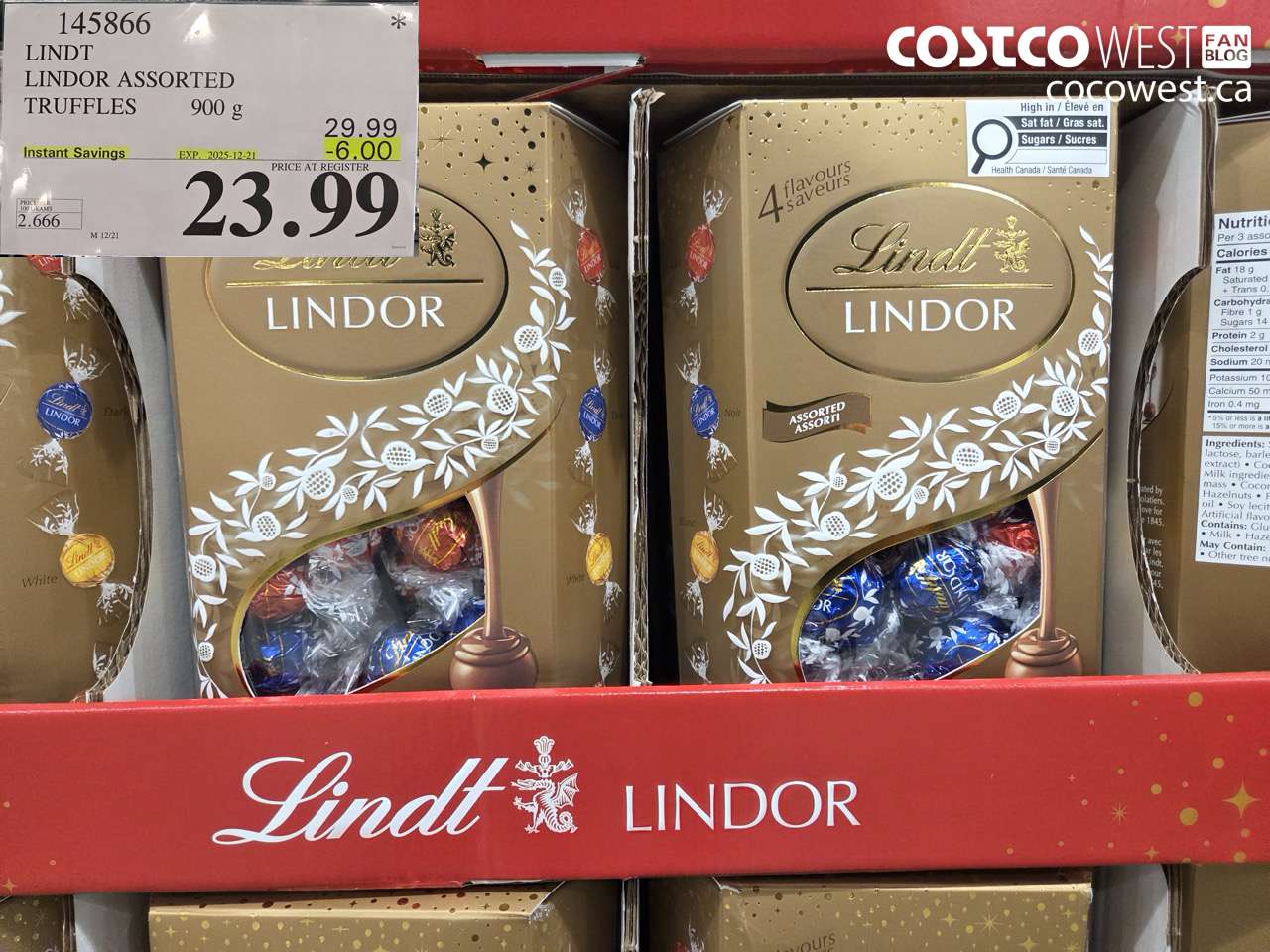 145866 LINDT LINDOR ASSORTED TRUFFLES 900 g ($6.00 INSTANT SAVINGS EXPIRES ON 2025-12-21) $23.99