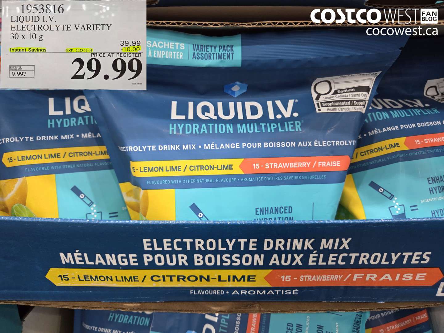 1953816 LIQUID I.V. ELECTROLYTE VARIETY 30 x 10 g ($10.00 INSTANT SAVINGS EXPIRES ON 2025-12-01) $29.99