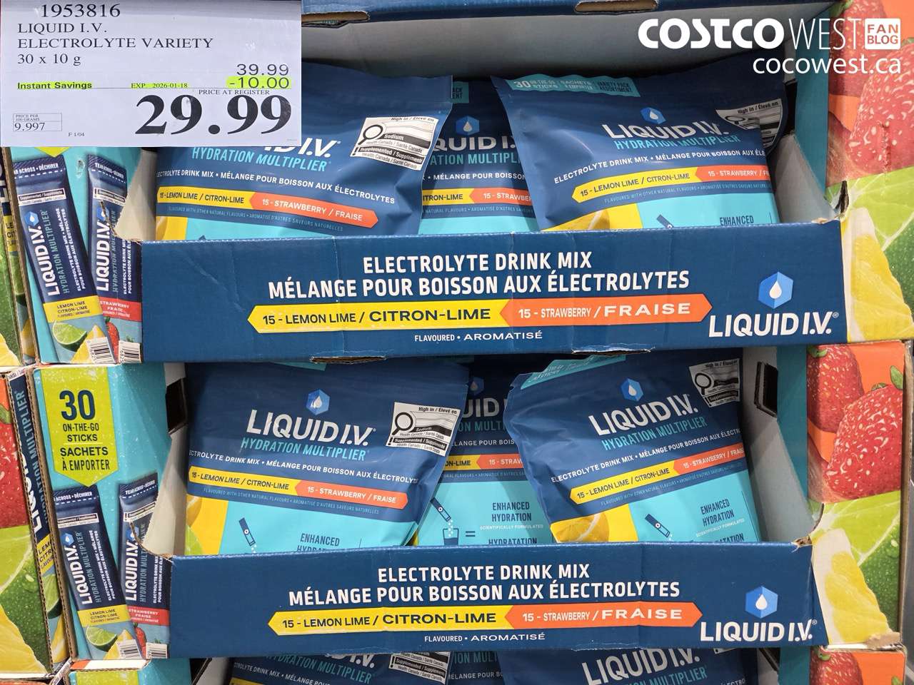 1953816 LIQUID I.V. ELECTROLYTE VARIETY 30 x 10 g ($10.00 INSTANT SAVINGS EXPIRES ON 2026-01-18) $29.99