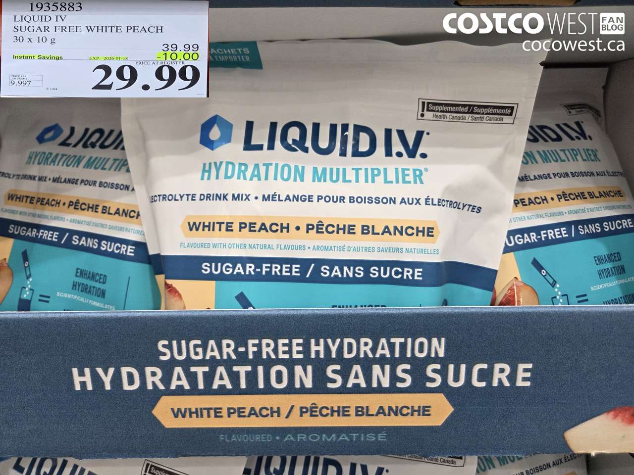 1935883 LIQUID IV SUGAR FREE WHITE PEACH 30 x 10 g ($10.00 INSTANT SAVINGS EXPIRES ON 2026-01-18) $29.99