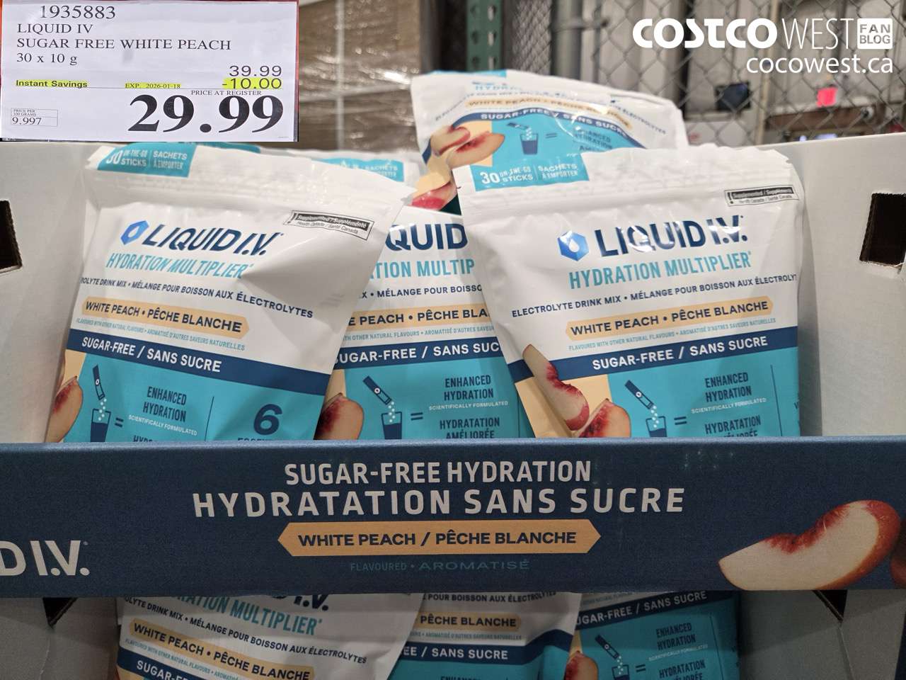 1935883 LIQUID IV SUGAR FREE WHITE PEACH 30 x 10 g ($10.00 INSTANT SAVINGS EXPIRES ON 2026-01-18) $29.99