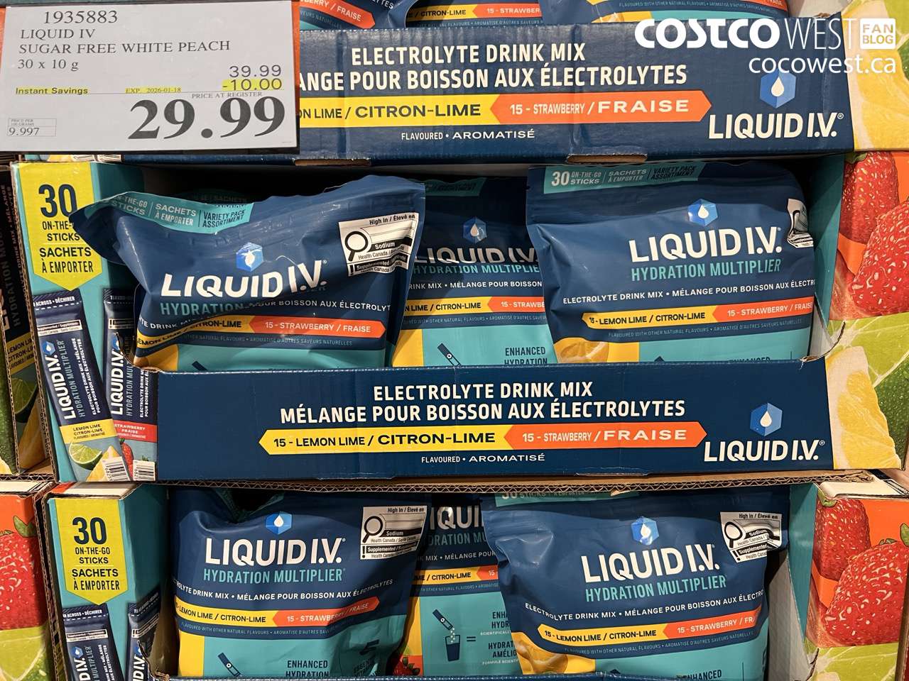 1935883 LIQUID IV SUGAR FREE WHITE PEACH 30 x 10 g ($10.00 INSTANT SAVINGS EXPIRES ON 2026-01-18) $29.99