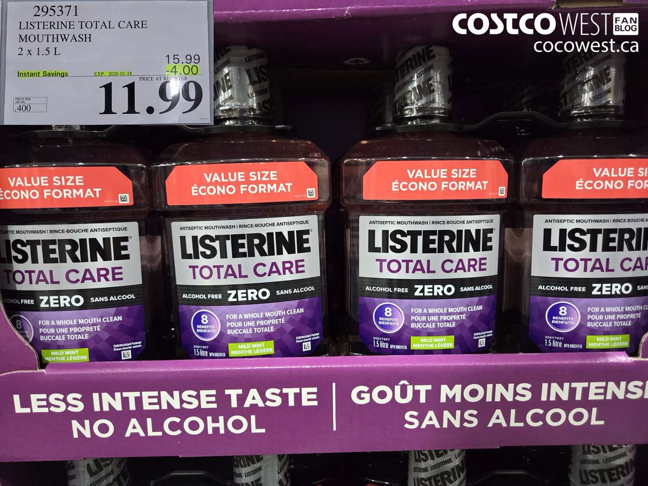 295371 LISTERINE MOUTHWASH TOTAL CARE ZERO 2 X 1.5L ($4.00 INSTANT SAVINGS EXPIRES ON 2026-01-18) $11.99