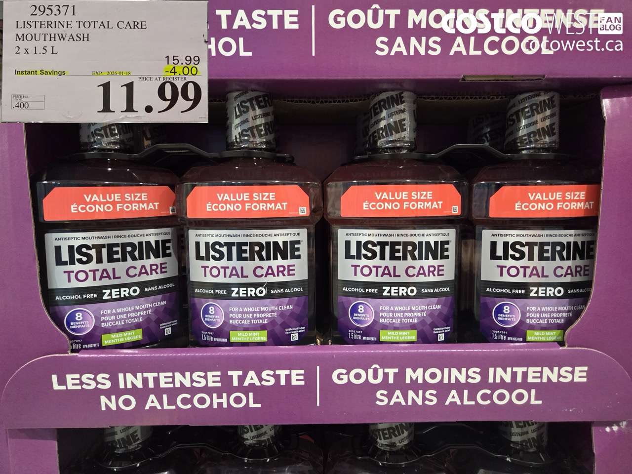 295371 LISTERINE MOUTHWASH TOTAL CARE ZERO 2 X 1.5L ($4.00 INSTANT SAVINGS EXPIRES ON 2026-01-18) $11.99