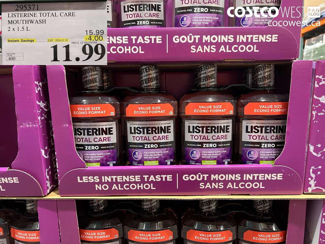 295371 LISTERINE MOUTHWASH TOTAL CARE ZERO 2 X 1.5L ($4.00 INSTANT SAVINGS EXPIRES ON 2026-01-18) $11.99