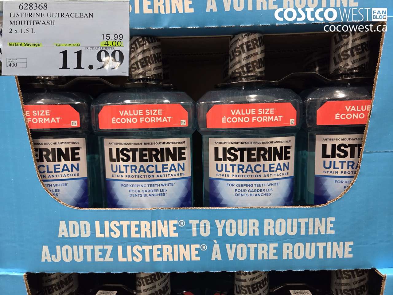 628368 LISTERINE ULTRACLEAN MOUTHWASH 2 X 1.5L ($4.00 INSTANT SAVINGS EXPIRES ON 2025-12-14) $11.99