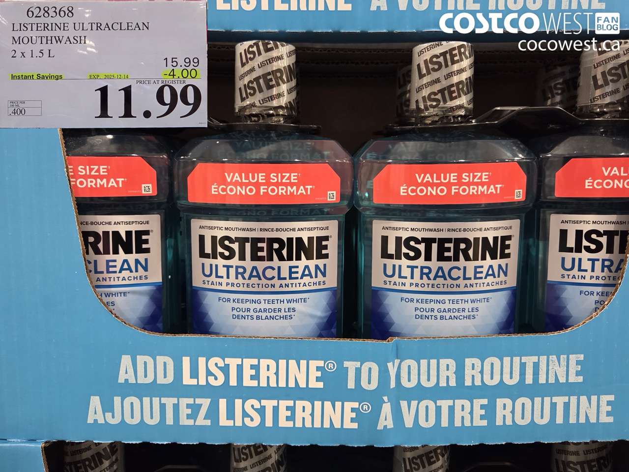628368 LISTERINE ULTRACLEAN MOUTHWASH 2 X 1.5L ($4.00 INSTANT SAVINGS EXPIRES ON 2025-12-14) $11.99