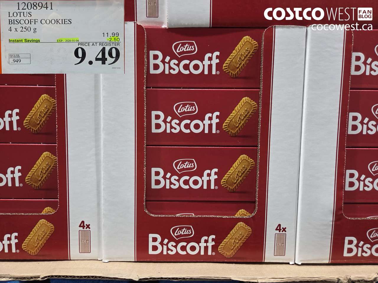 1208941 LOTUS BISCOFF COOKIE 4 x 250 g ($2.50 INSTANT SAVINGS EXPIRES ON 2026-01-04) $9.49
