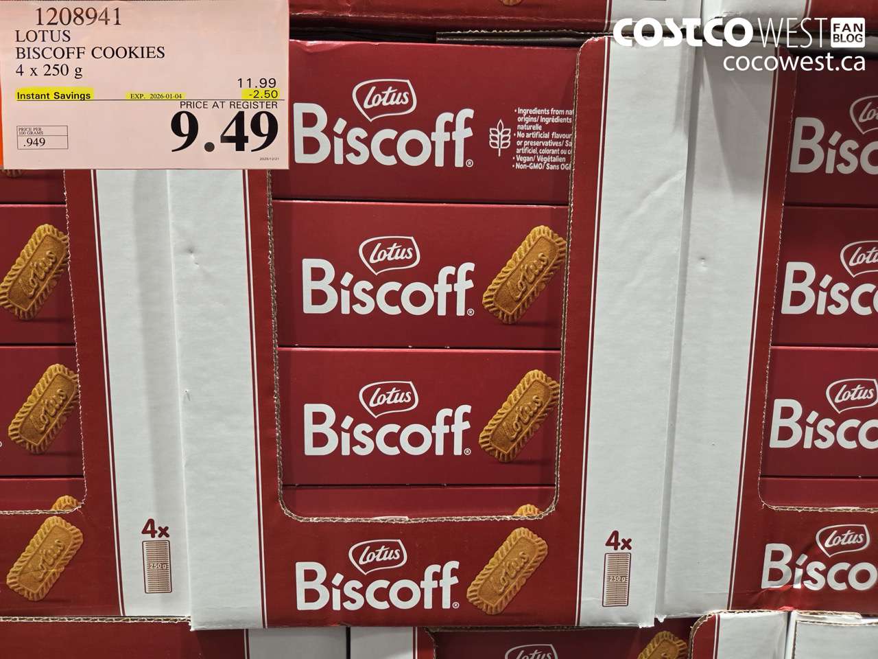 1208941 LOTUS BISCOFF COOKIE 4 x 250 g ($2.50 INSTANT SAVINGS EXPIRES ON 2026-01-04) $9.49