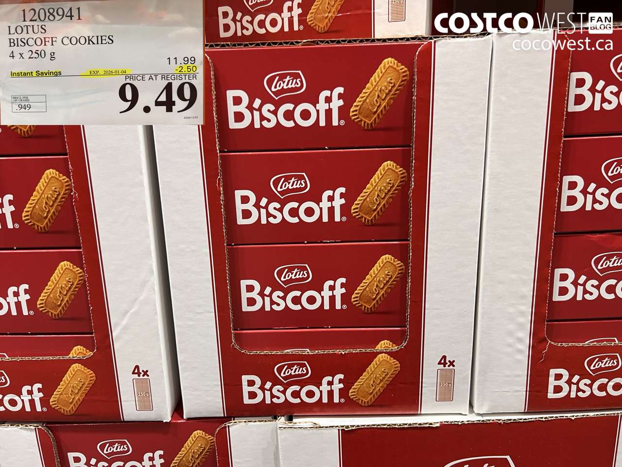 1208941 LOTUS BISCOFF COOKIE 4 x 250 g ($2.50 INSTANT SAVINGS EXPIRES ON 2026-01-04) $9.49