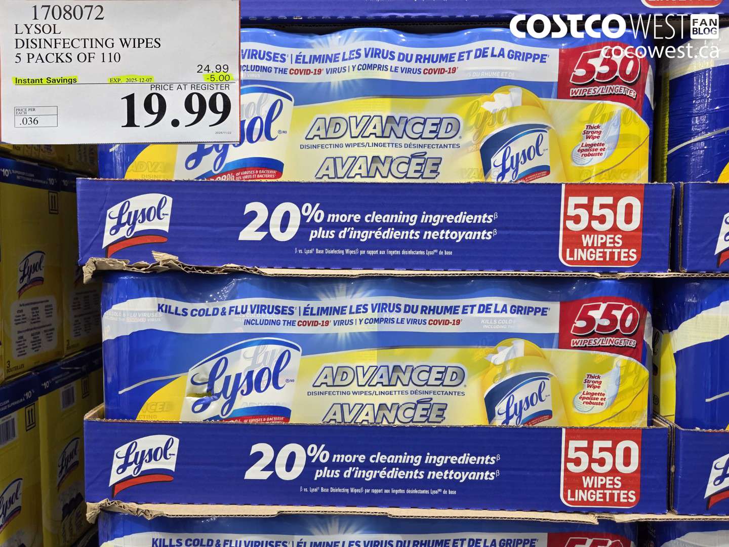 1708072 LYSOL DISINFECTING WIPES 5 X 110 WIPES ($5.00 INSTANT SAVINGS EXPIRES ON 2025-12-07) $19.99
