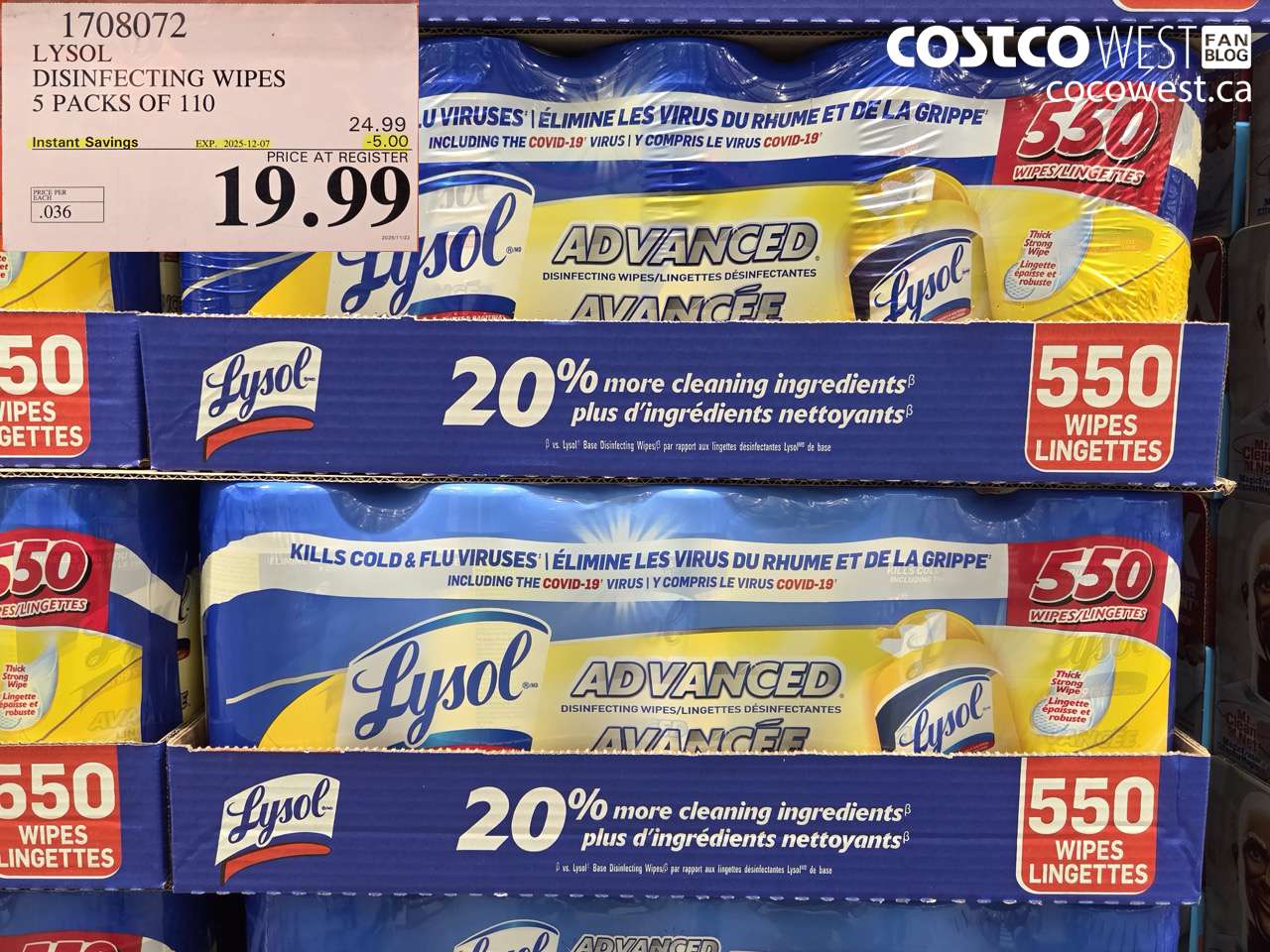 1708072 LYSOL DISINFECTING WIPES 5 X 110 WIPES ($5.00 INSTANT SAVINGS EXPIRES ON 2025-12-07) $19.99