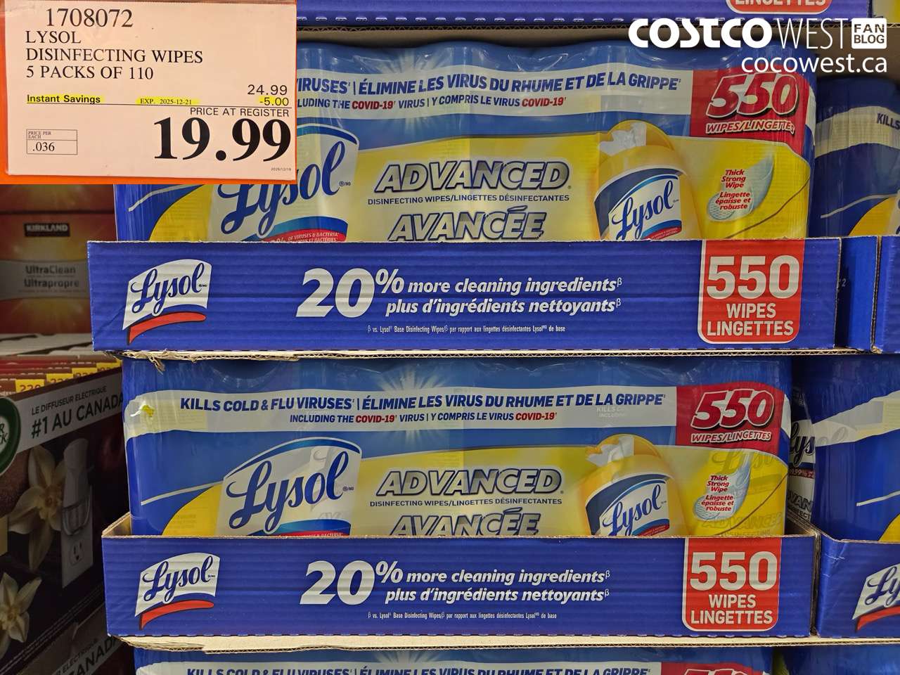 1708072 LYSOL DISINFECTING WIPES 5 X 110 WIPES ($5.00 INSTANT SAVINGS EXPIRES ON 2025-12-21) $19.99