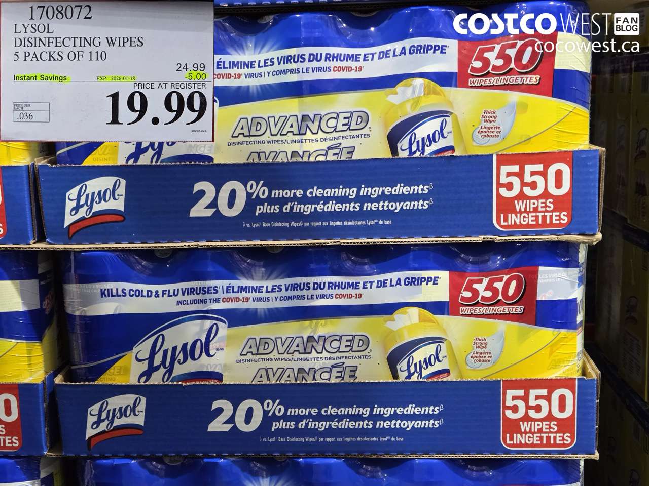1708072 LYSOL DISINFECTING WIPES 5 X 110 WIPES ($5.00 INSTANT SAVINGS EXPIRES ON 2026-01-18) $19.99