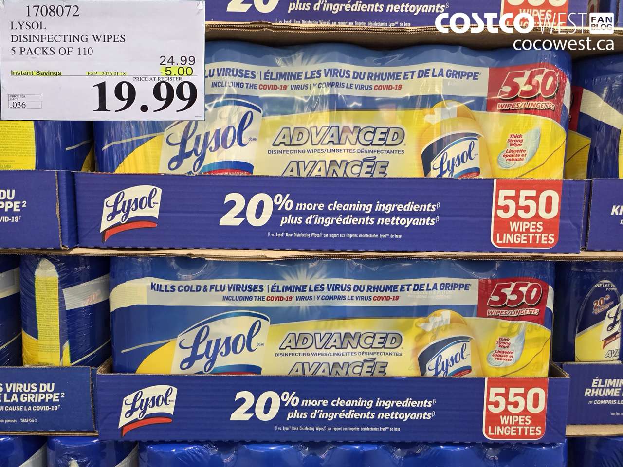 1708072 LYSOL DISINFECTING WIPES 5 X 110 WIPES ($5.00 INSTANT SAVINGS EXPIRES ON 2026-01-18) $19.99