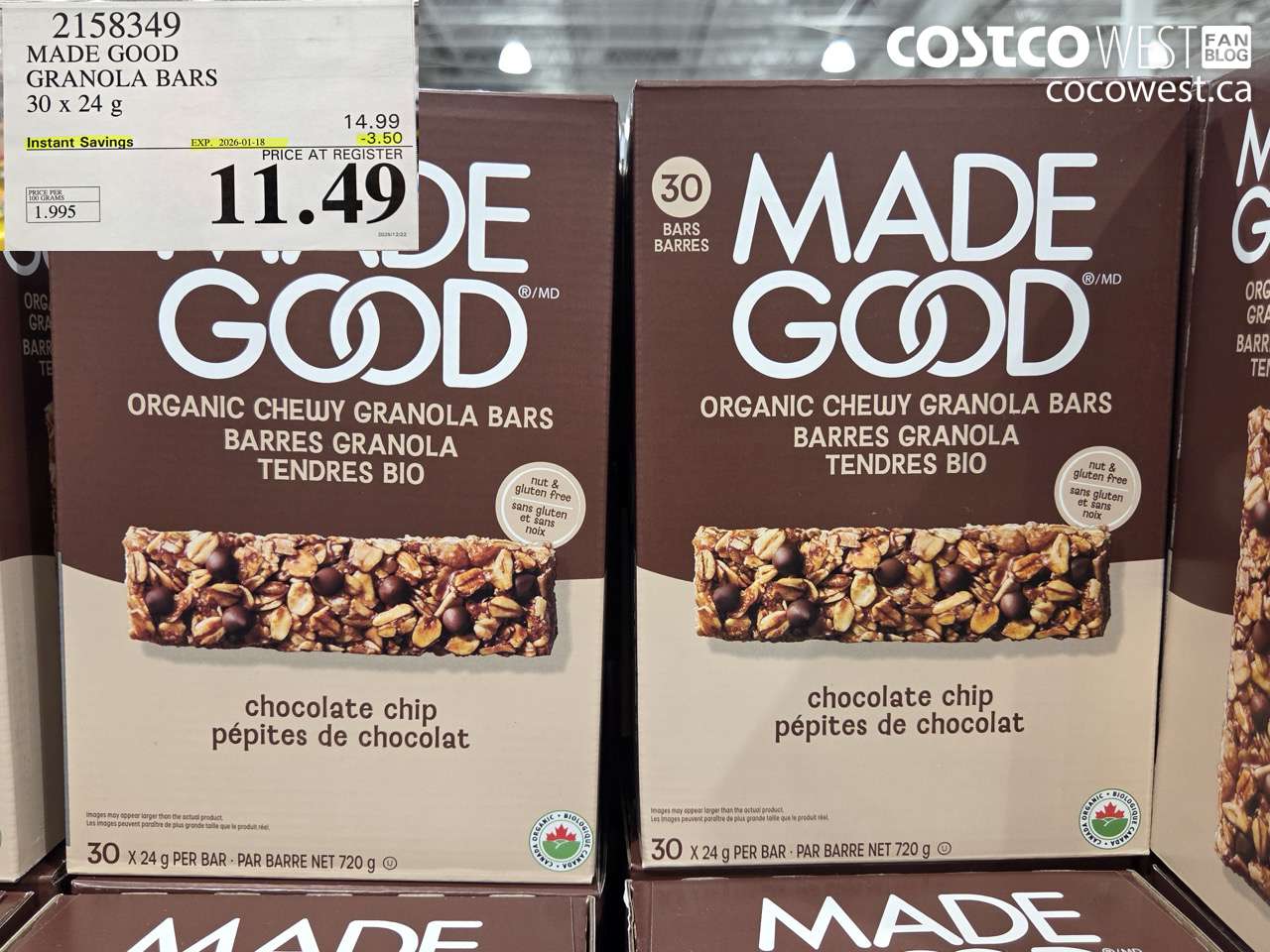 2158349 MADE GOOD ORGANIC GRANOLA BARS 30 X 24G ($3.50 INSTANT SAVINGS EXPIRES ON 2026-01-18) $11.49