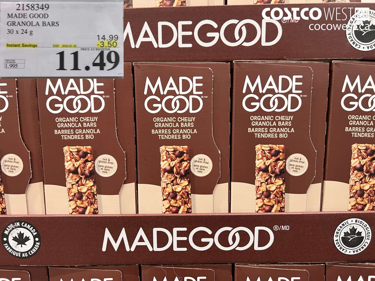 2158349 MADE GOOD ORGANIC GRANOLA BARS 30 X 24G ($3.50 INSTANT SAVINGS EXPIRES ON 2026-01-18) $11.49