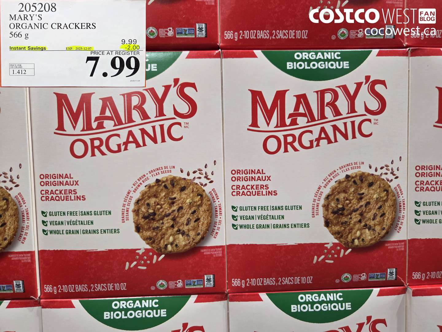 205208 MARY'S ORGANIC CRACKERS 566G ($2.00 INSTANT SAVINGS EXPIRES ON 2025-12-07) $7.99