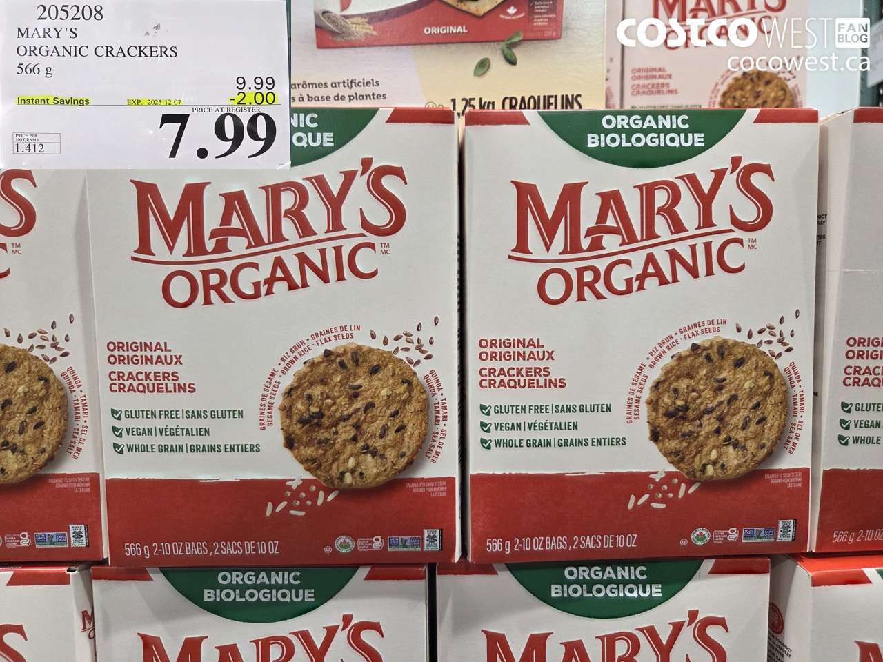 205208 MARY'S ORGANIC CRACKERS 566G ($2.00 INSTANT SAVINGS EXPIRES ON 2025-12-07) $7.99