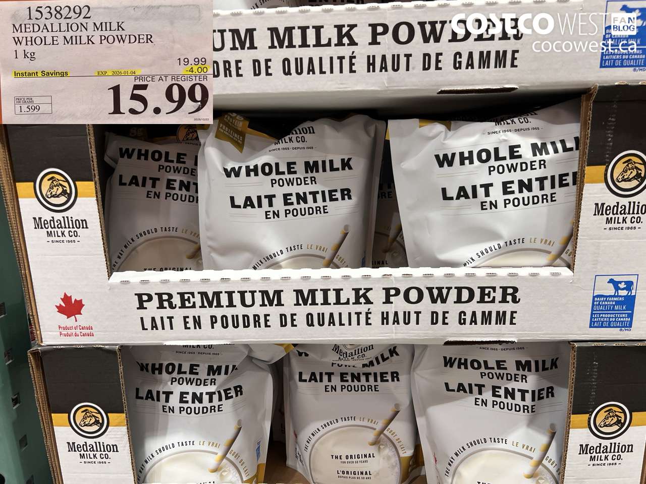 1538292 MEDALLION MILK WHOLE MILK POWDER 1 kg ($4.00 INSTANT SAVINGS EXPIRES ON 2026-01-04) $15.99